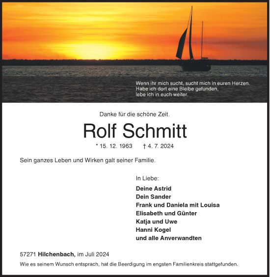 Traueranzeige von Rolf Schmitt von Siegener Zeitung
