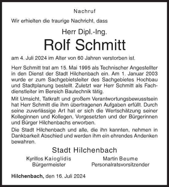 Traueranzeige von Rolf Schmitt von Siegener Zeitung