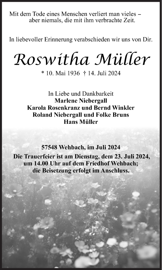 Traueranzeige von Roswitha Müller von Siegener Zeitung