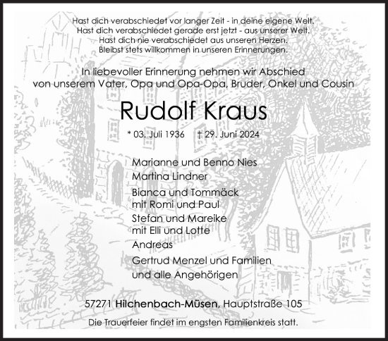Traueranzeige von Rudolf Kraus von Siegener Zeitung