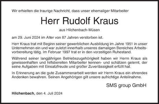 Traueranzeige von Rudolf Kraus von Siegener Zeitung