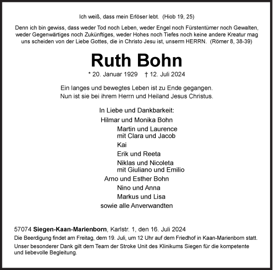 Traueranzeige von Ruth Bohn von Siegener Zeitung