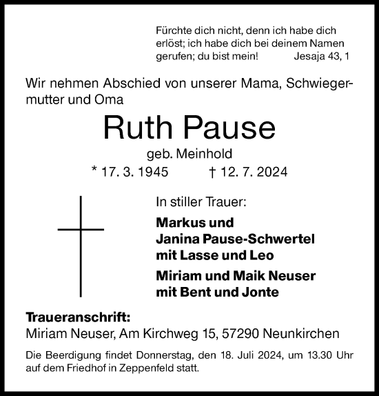 Traueranzeige von Ruth Pause von Siegener Zeitung