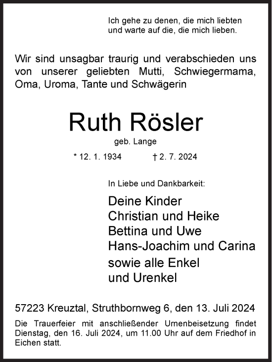 Traueranzeige von Ruth Rösler von Siegener Zeitung