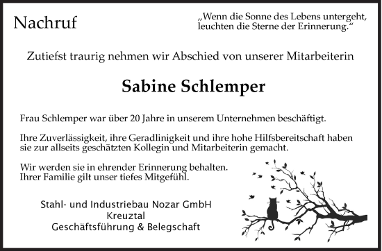 Traueranzeige von Sabine Schlemper von Siegener Zeitung