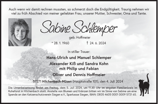 Traueranzeige von Sabine Schlemper von Siegener Zeitung
