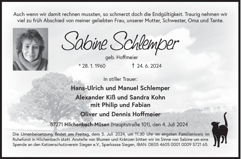  Traueranzeige für Sabine Schlemper vom 04.07.2024 aus Siegener Zeitung