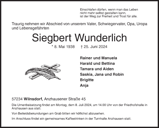 Traueranzeige von Siegbert Wunderlich von Siegener Zeitung