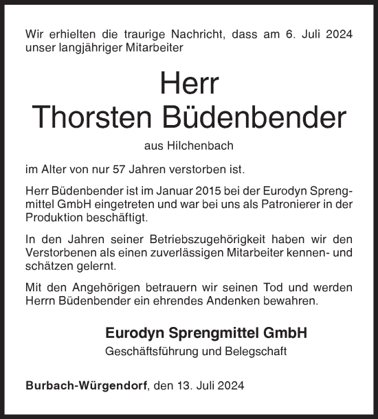 Traueranzeige von Thorsten Büdenbender von Siegener Zeitung