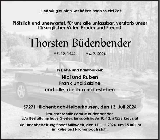 Traueranzeige von Thorsten Büdenbender von Siegener Zeitung
