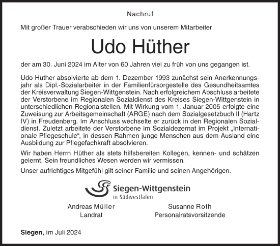 Traueranzeige von Udo Hüther von Siegener Zeitung