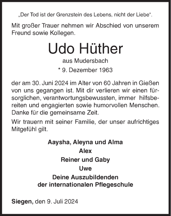 Traueranzeige von Udo Hüther von Siegener Zeitung