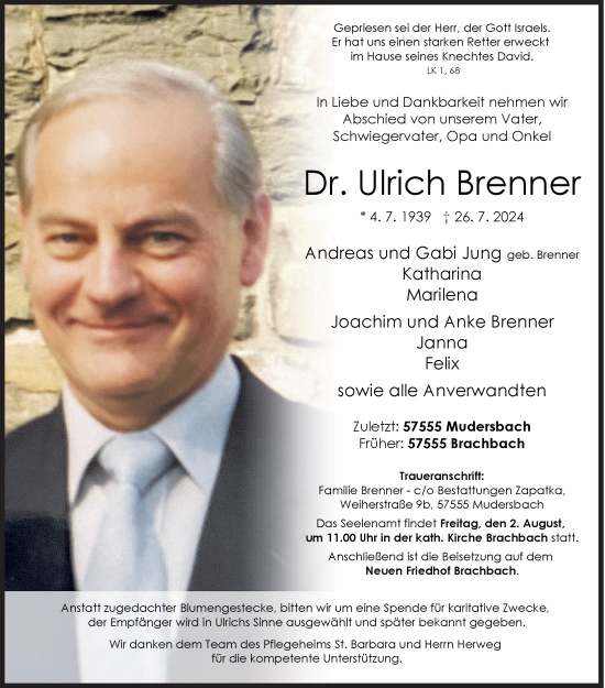 Traueranzeige von Ulrich Brenner von Siegener Zeitung