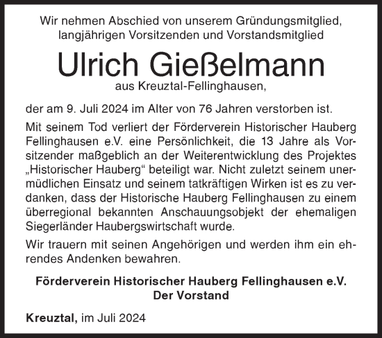 Traueranzeige von Ulrich Gießelmann von Siegener Zeitung
