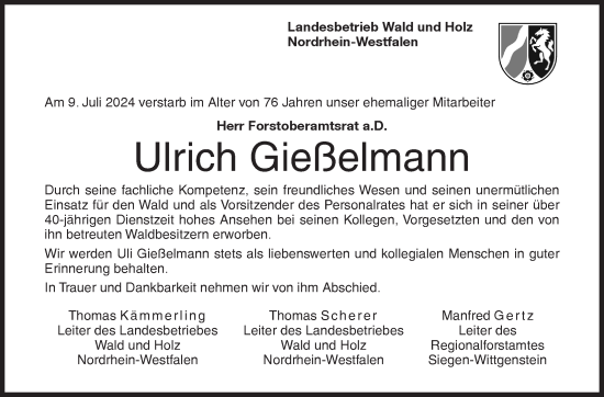 Traueranzeige von Ulrich Gießelmann von Siegener Zeitung