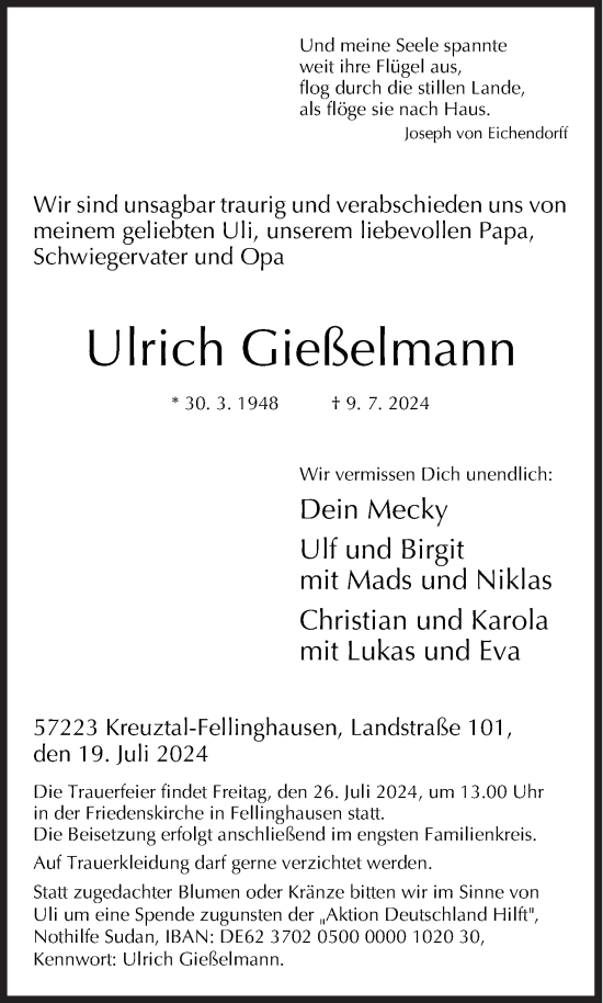 Traueranzeige von Ulrich Gießelmann von Siegener Zeitung