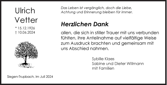 Traueranzeige von Ulrich Vetter von Siegener Zeitung