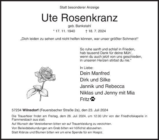 Traueranzeige von Ute Rosenkranz von Siegener Zeitung