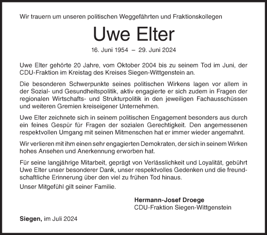 Traueranzeige von Uwe Elter von Siegener Zeitung