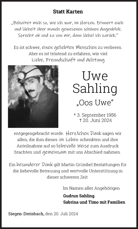 Traueranzeige von Uwe Sahling von Siegener Zeitung