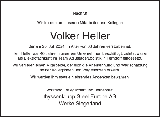 Traueranzeige von Volker Heller von Siegener Zeitung