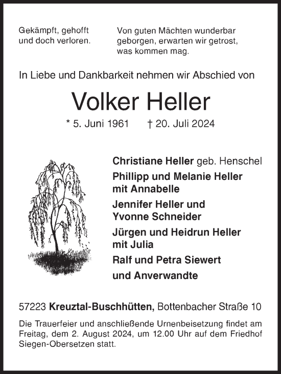Traueranzeige von Volker Heller von Siegener Zeitung