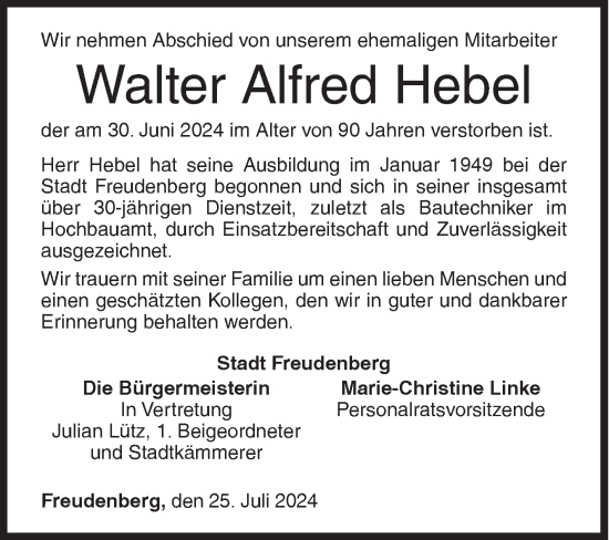 Traueranzeige von Walter Alfred Hebel von Siegener Zeitung