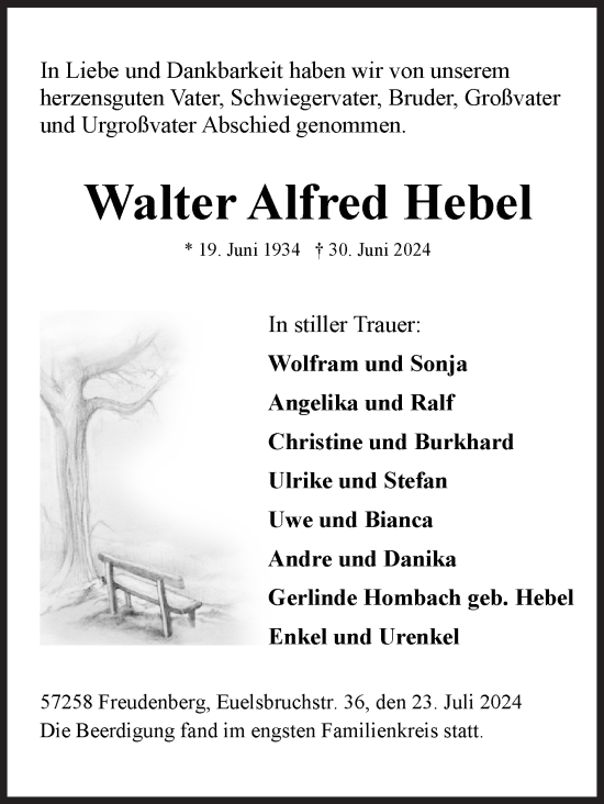 Traueranzeige von Walter Alfred Hebel von Siegener Zeitung