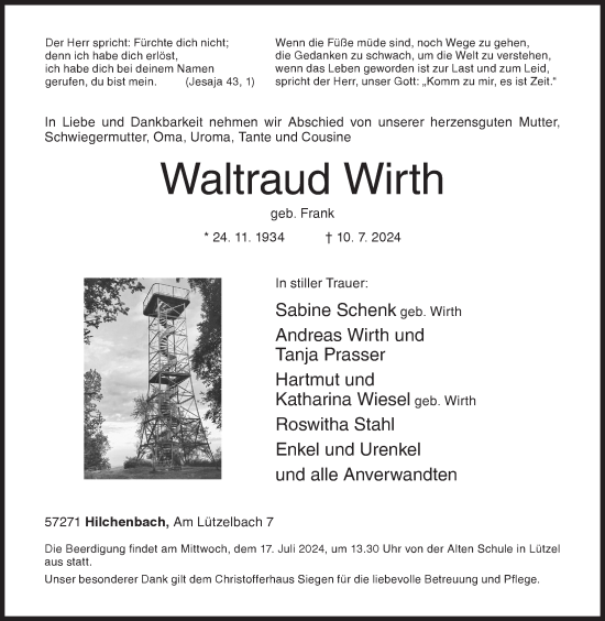 Traueranzeige von Waltraud Wirth von Siegener Zeitung