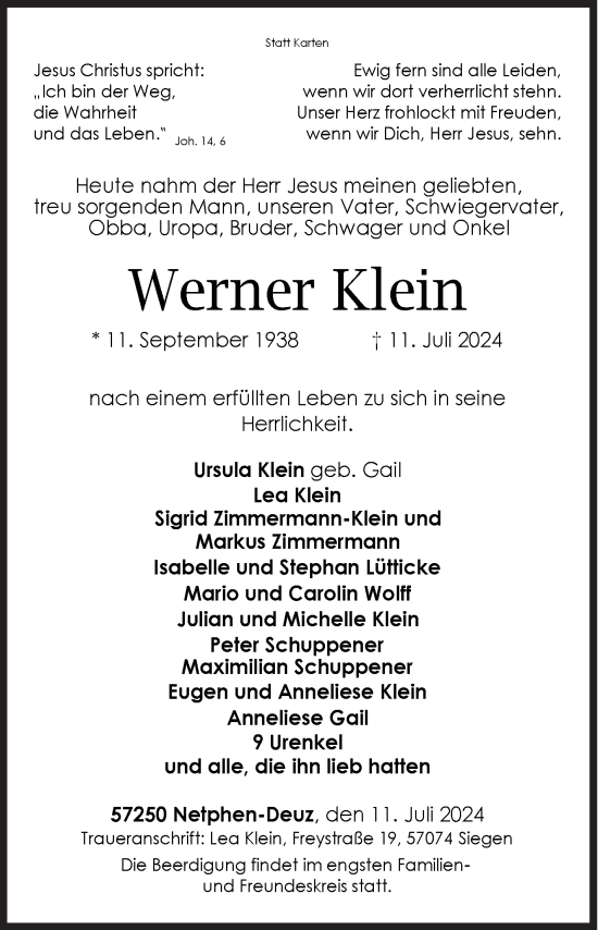 Traueranzeige von Werner Klein von Siegener Zeitung
