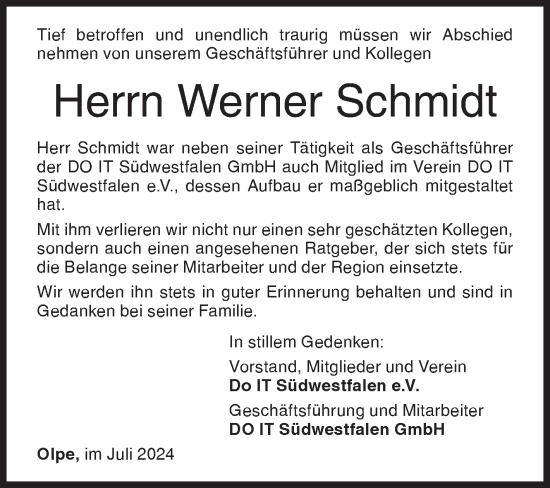 Traueranzeige von Werner Schmidt von Siegener Zeitung