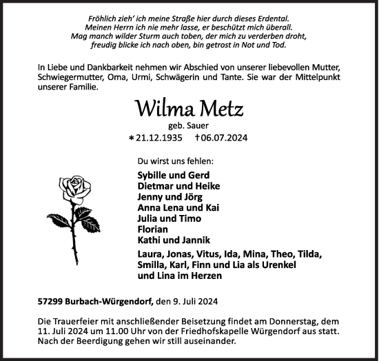 Traueranzeige von Wilma Metz von Siegener Zeitung