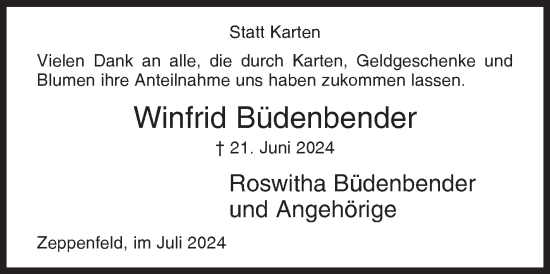 Traueranzeige von Winfrid Büdenbender von Siegener Zeitung