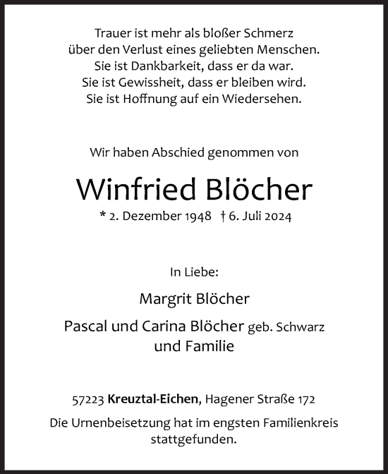 Traueranzeige von Winfried Blöcher von Siegener Zeitung