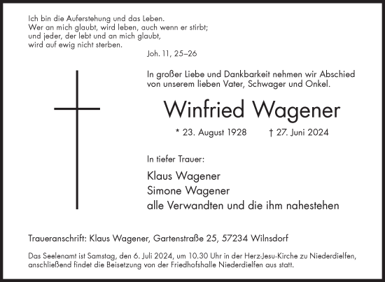 Traueranzeige von Winfried Wagener von Siegener Zeitung
