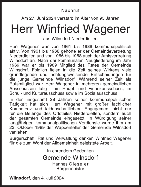 Traueranzeige von Winfried Wagener von Siegener Zeitung