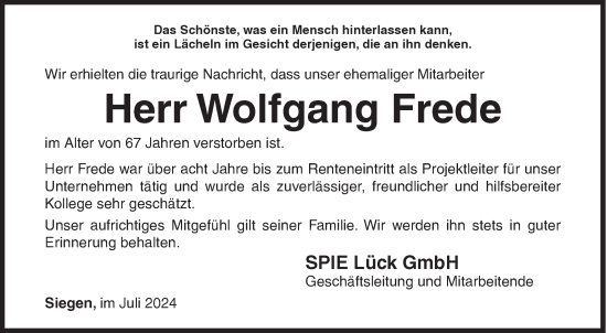 Traueranzeige von Wolfgang Frede von Siegener Zeitung