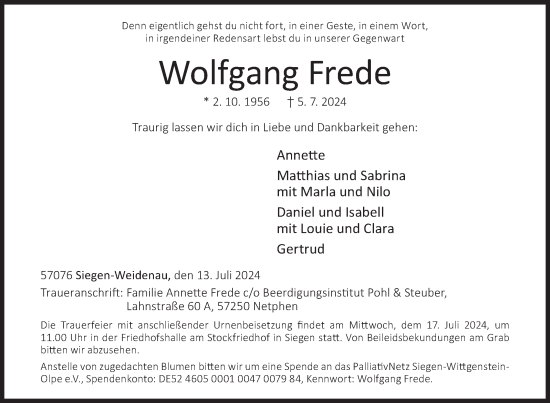 Traueranzeige von Wolfgang Frede von Siegener Zeitung