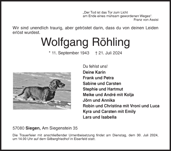 Traueranzeige von Wolfgang Röhling von Siegener Zeitung