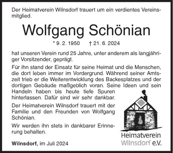 Traueranzeige von Wolfgang Schönian von Siegener Zeitung
