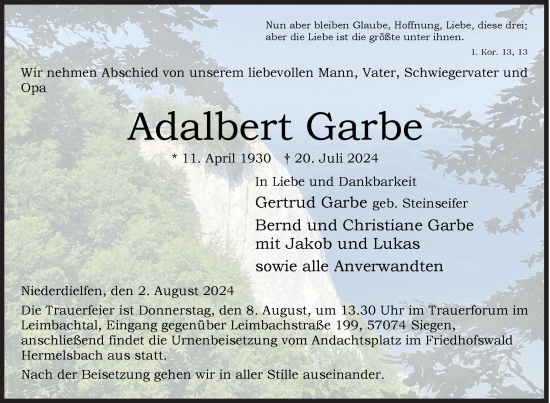 Traueranzeige von Adalbert Garbe von Siegener Zeitung