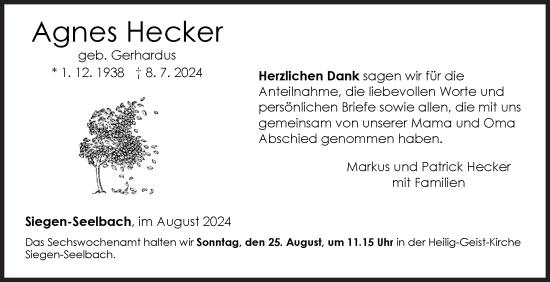 Traueranzeige von Agnes Hecker von Siegener Zeitung