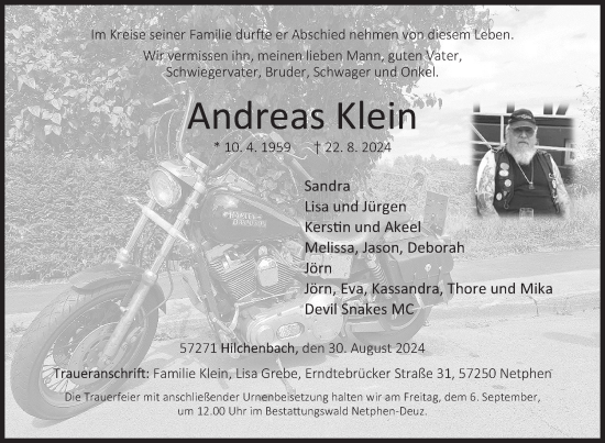 Traueranzeige von Andreas Klein von Siegener Zeitung