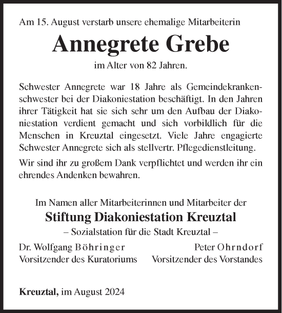 Traueranzeige von Annegrete Grebe von Siegener Zeitung