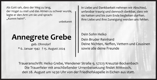 Traueranzeige von Annegrete Grebe von Siegener Zeitung