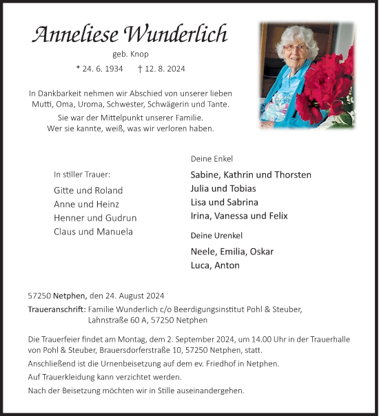 Traueranzeige von Anneliese Wunderlich von Siegener Zeitung