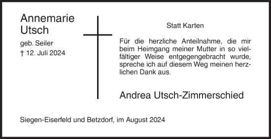 Traueranzeige von Annemarie Utsch von Siegener Zeitung