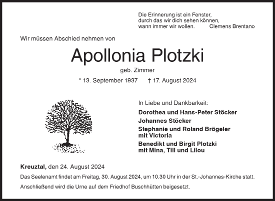 Traueranzeige von Apollonia Plotzki von Siegener Zeitung