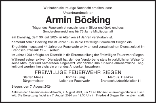 Traueranzeige von Armin Böcking von Siegener Zeitung