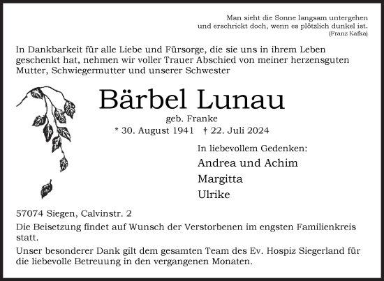 Traueranzeige von Bärbel Lunau von Siegener Zeitung